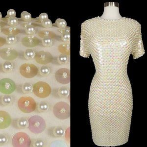 Vintage 80s Pearl Heavily Beaded Cocktail Party Prom Trophy Sheath Dress  S M
